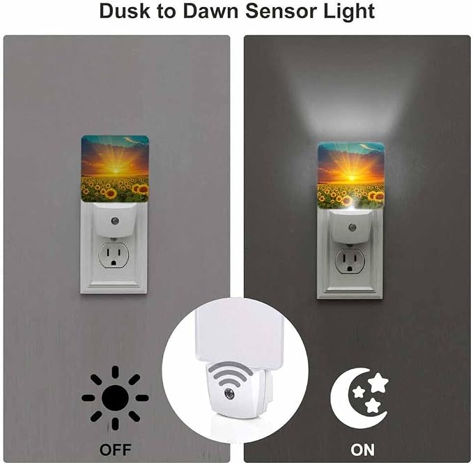 Sunflower Fields Night Light Sunset Beautiful Golden Yellow Sunflowers LED Night Lights Plug into Wall for Stairway Hallway Bedroom 0.5W Nightlight