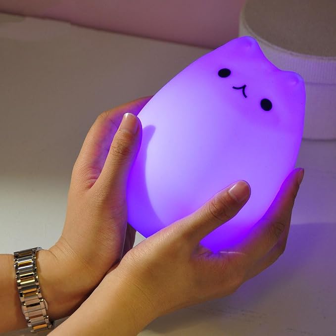 Cat Night Light, USB Rechargeable Silicone Cute Night Light for Kids Baby Children, 7-Color Changing LED Cat Lamp Nursery Nightlights Christmas Gifts for Kids Bedroom (Celebrity Cat)