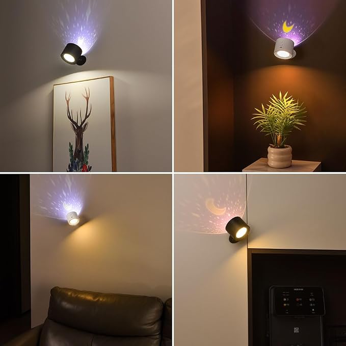 LED Wall Mount Light with Projection Rechargeable Wall Light, 3 Color Temperatures, Remote Control and Touch, 360° Rotating Dimmable Cordless Wall Light for Study Bedroom Reading Bedside (black)