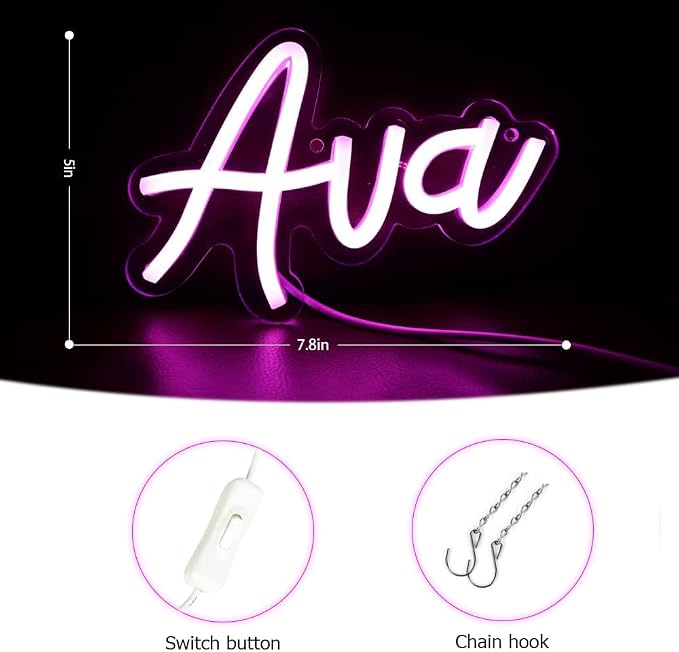 WonderfulLife Ava Name Neon Sign for Room Decor,Non customized, Personalized Led Sign for Birthday Party Decoration,Pink Light Up Wall Decor.