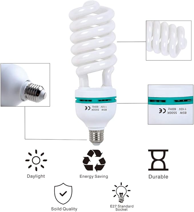 85W Light Bulb 5500K CFL Daylight Spiral Softbox Bulb in E27 Socket for Photography Photo Video Studio Lighting White 1 Pack