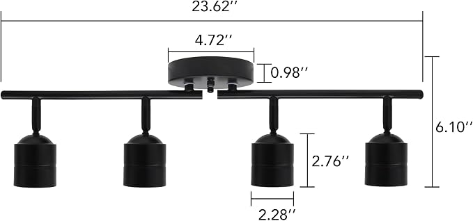 23.62 Inch 4-Light Matte Black Track Lighting Fixture, Rotatable Adjustable GU10 LED Ceiling Spotlight, Dimmable Warm White Indoor Light for Gallery Kitchen Bedroom Retail Store