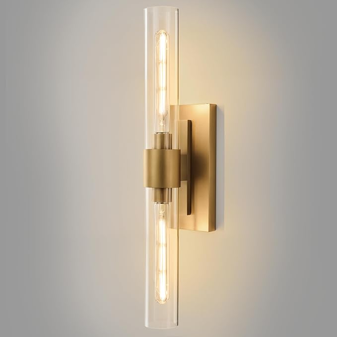 Champagne Brass Bathroom Wall Sconce: Modern Gold Indoor Dimmable Lighting | Clear Glass Tube Light Fixtures, Vertical or Horizontal Mounted Vanity Sconces for Living Room Bedroom Hallway