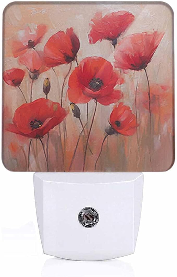 Poppy LED Night Lights Plug into Wall Red 0.5W Plug in Night Light, Dusk to Dawn, Bright Nightlight Auto On/Off, for Room Bedroom Bathroom