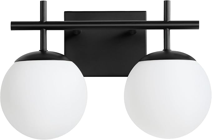 Black Bathroom Light Fixture Over Mirror, 2-Lights Vanity Lights with Milky White Frosted Glass Shade Mid Century Farmhouse Light Fixtures for Bathroom Above Mirror (Exclude E26 Bulb)