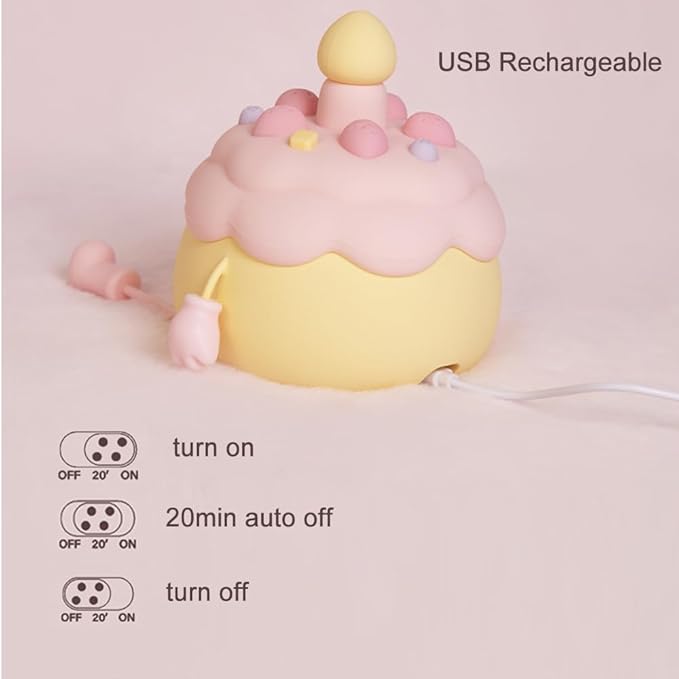 Fun Night Light - Cute Birthday Cake Night Lamp USB Rechargeable, Auto-off Nursery Bedside Sleep Lamp 2 Brightness Levels, Women Girls Boys Teens Friends Christmas Anniversary Birthday Gifts