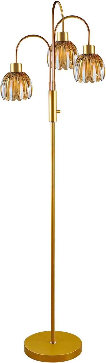 3-Light Glass Floor Lamp, 70" Gold Dimmable Standing Tall Lamp with Amber Ribbed Glass Shades &3PCS 3000K Warm White Bulbs, Modern Tree Pole Lamp for Living Room Bedroom Home Office Corner Decor