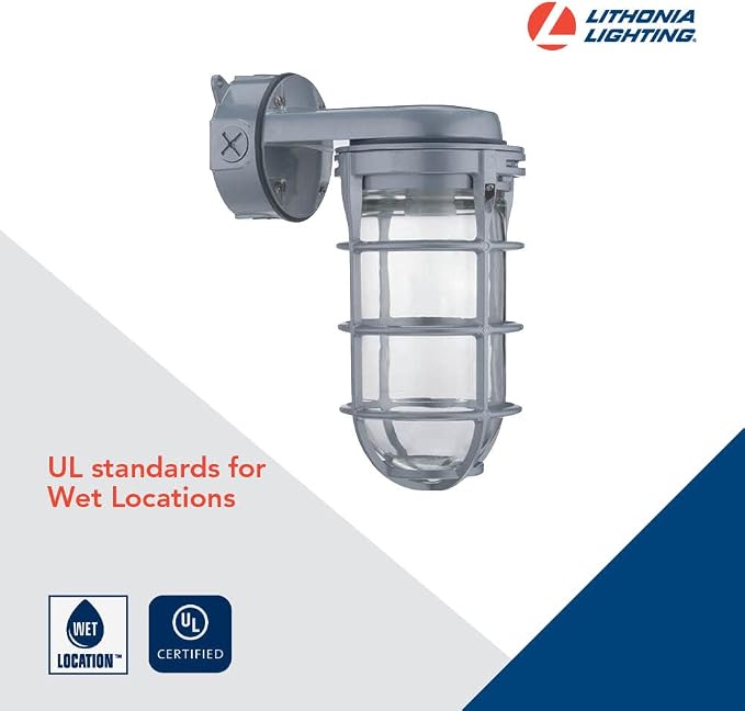 Lithonia Lighting Incandescent Vapor Tight Jelly Jar Light 150W 120V Grey | Utility Wall Lamp, Industrial Style Wall Light for Indoor and Outdoor Use, Includes Junction Box (VW150I M12)