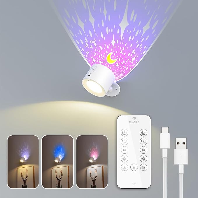 LED Wall Mount Light with Projection Rechargeable Wall Light, 3 Color Temperatures, Remote Control and Touch, 360° Rotating Dimmable Cordless Wall Light for Study Bedroom Reading Bedside (white)