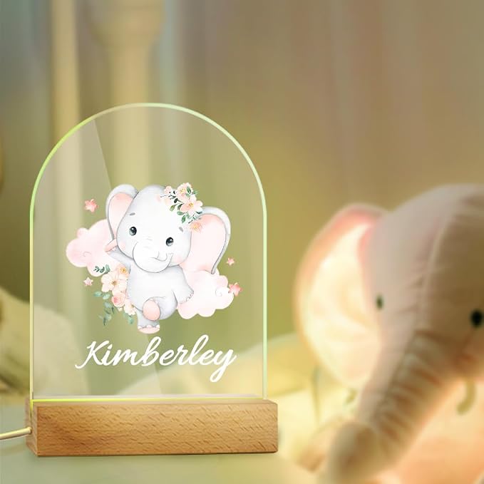 Personalized LED Night Light Elephant Design Custom Name Acrylic Light with Wood Base Gifts for Kids