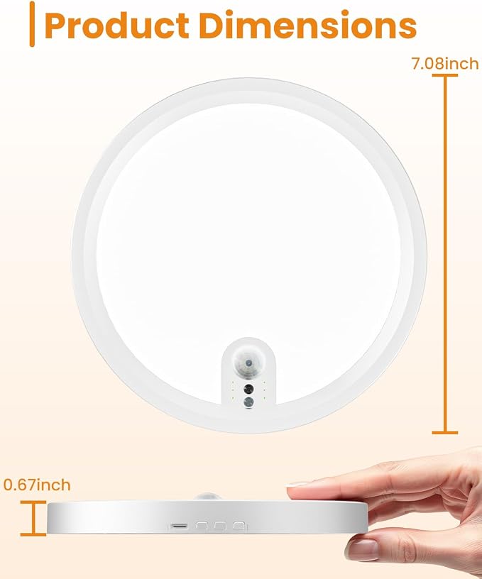 Wireless Motion Sensor Ceiling Light, 7-Inch Rechargeable, 2-Pack | Three Color Temperatures, Stepless Dimming, No Wiring, Rechargeable Battery, Ideal For Closet, Hallway And Bedroom