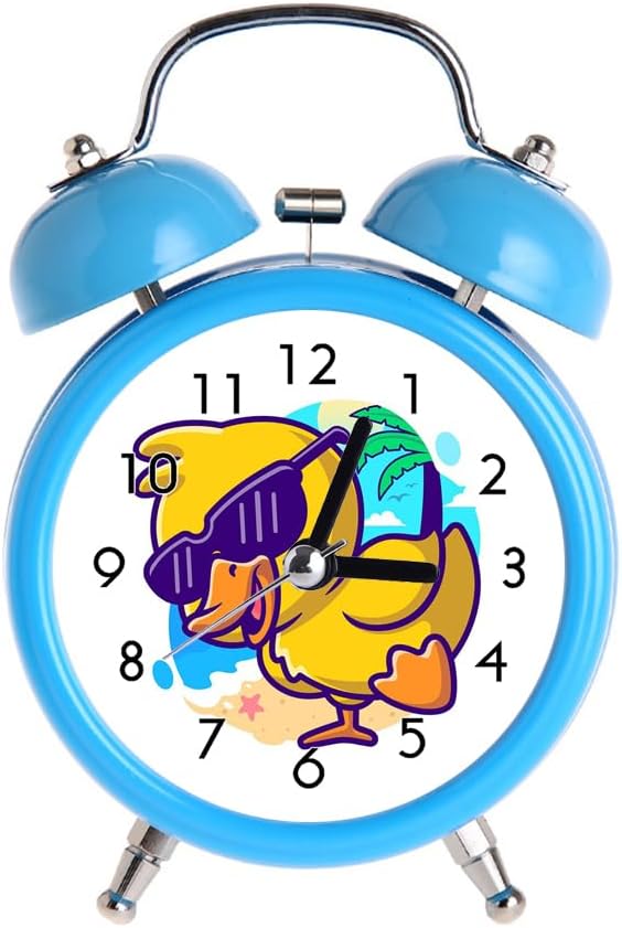 Children's Alarm Clock Retro Silent Pointer Clocks Round Number Dual Bell s Loud Alarm Clock Blue Colors Bedside Night Light Home Decors Cool Duck Summer Cartoon