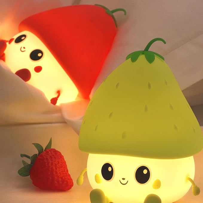 Strawberry Night Light, Cute Fruit Night Lamp for Kids Bedroom USB Rechargeable Lamps 2 Brightness Levels, Nursery Bedside Delay-Off Nightlight for Baby Toddler Boys Girls Birthday Christmas
