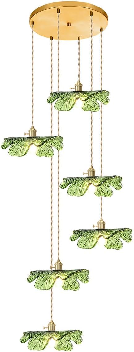 Long High Ceiling Chandelier with Green Blown Flower Glass Shade Vintage Flush Mount Ceiling Hanging light Gold brass pendant light 5 light Ceiling Chandeliers for Staircase Foyer Entryway Living