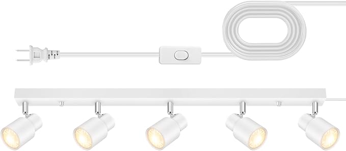Track Lighting Plug in, 30" LED Track Light Fixtures Ceiling, White 5 Way Spotlight, Rotatable Head, Plug Wall Lights with 14.8FT Cord, Ceiling Lighting for Kitchen Hallway Bar(GU10, NO Bulb)