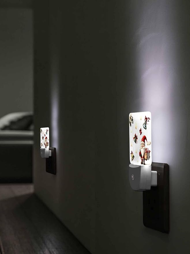 Christmas Night Lights Plug into Wall LED Night Light Santa Claus with Gift Snowflake Bell Winter Automatic Dimmable Dusk-to-Dawn Square Shaped Smart Nightlight for Bathroom/Bedroom