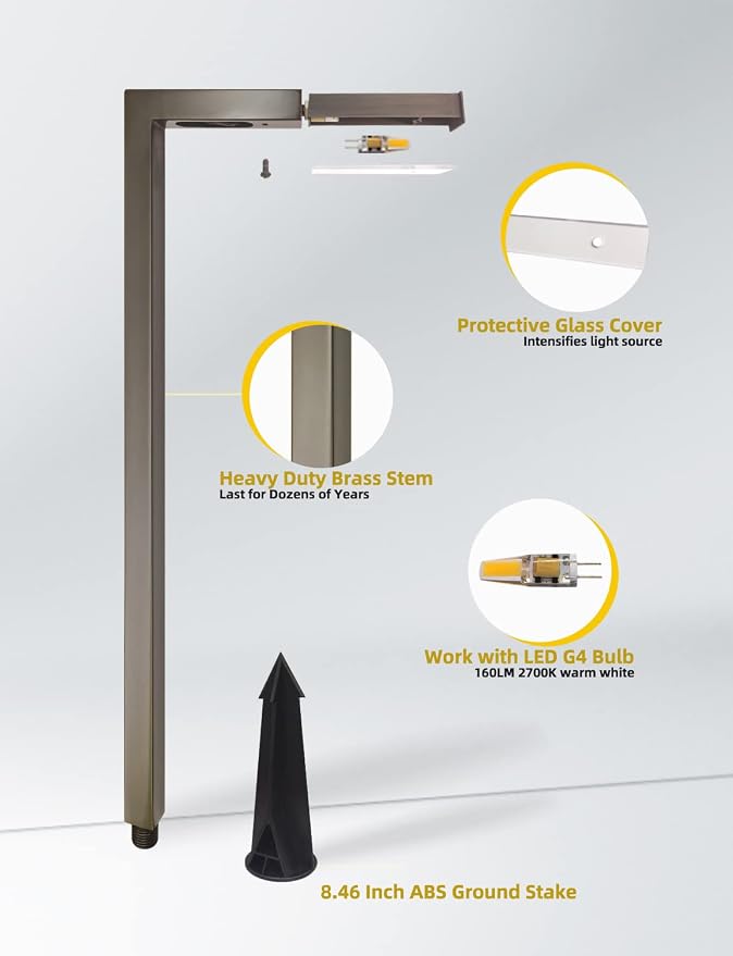 COLOER Brass Low Voltage Pathway Lights 4-Pack with 3W LED G4 Bulb (603B) | 9-17V AC/DC Garden Lights Electric, Bronze Finish, IP65 Waterproof, Outdoor Pathway Light for Yard, 2700K Landscape Lighting