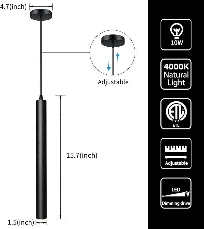 Modern Pendant Lights 4000K LED Dimmable Pendant Light Fixtures Pendant Lighting for Kitchen Island,Bar,Bedroom, 15.7inch, 10W, ETL, 1Pack