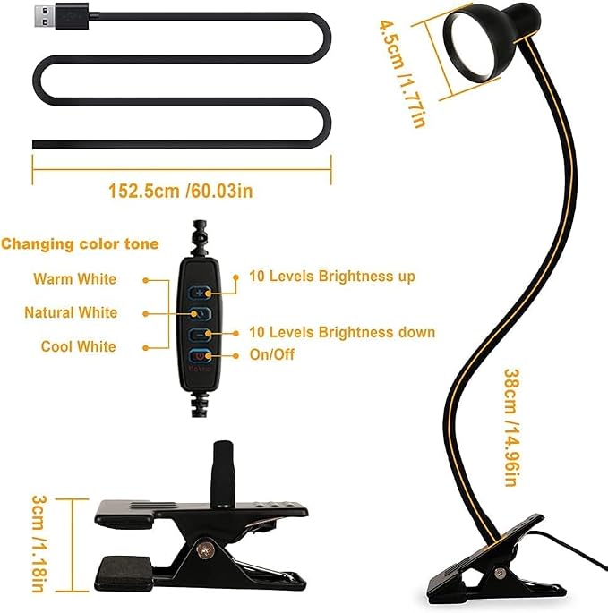 Clip on Light Reading Light for Bed 3 Color Modes Black | 10 Dimmable Brightness Eye Care Clamp Desk Lamp 360° Flexible Desk Book Light for Reading Bed Headboard Computer