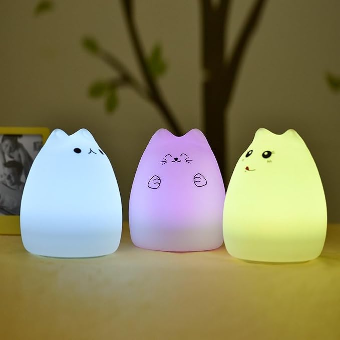 Cat Night Light, USB Rechargeable Silicone Cute Night Light for Kids Baby Children, 7-Color Changing LED Cat Lamp Nursery Nightlights Christmas Gifts for Kids Bedroom (Celebrity Cat)