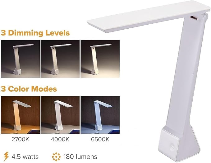 Bostitch Office KT-VLED1810-WHITE Powered Rechargeable Battery LED Desk Lamp, 3 Color Temperatures, Flip Open, White