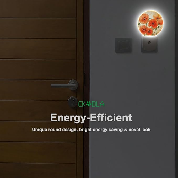 EKOBLA Poppy Flower Night Light, Vintage Red Orange Floral Night Lights Plug Into Wall with Dusk to Dawn Sensor for Hallway