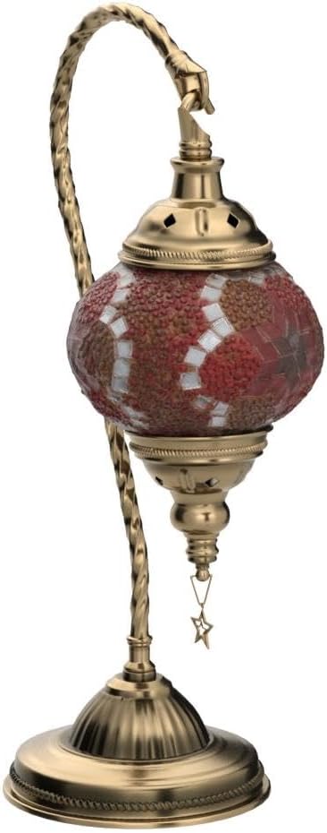 Yarra-Decor Turkish Moroccan Lamp with Bronze Base 3 Color Options Handmade Swan Neck Mosaic Glass Bedside Lamps for Bedroom (LED Bulb Included)(Red2)