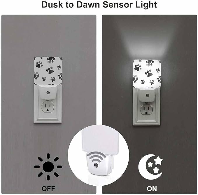 Dog Paw Prints Night Light Plug-into Wall Gray Paw Prints Nightlight Lamp with Dusk to Dawn Sensor, Led Lamp 0.5W Energy Efficient for Home Decor
