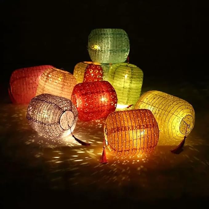 5PCS Colorful Paper Lanterns 6inches Oval Shaped with LED Lights Hollow Out Hanging with Tassels Walking Sticks for Dinner Party Outdoor Holiday and Birthday Decorations