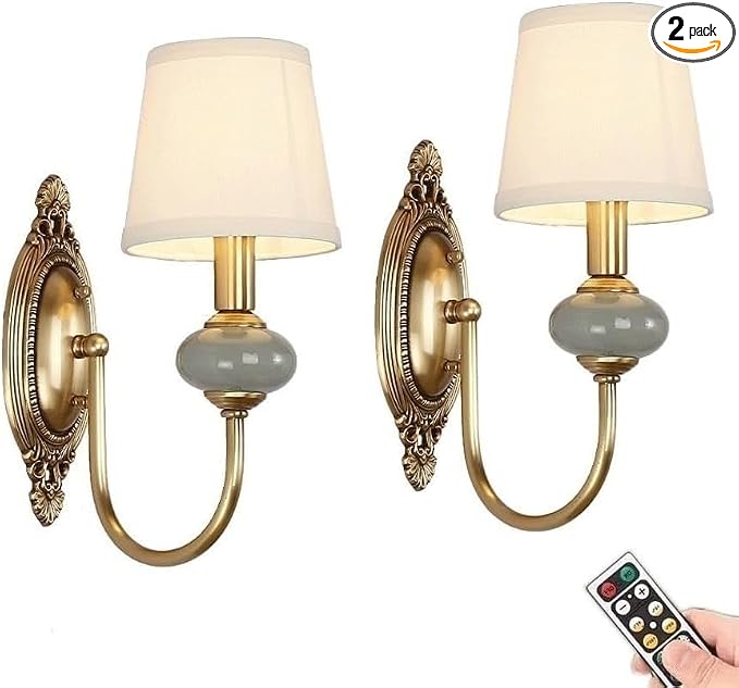 Wireless Battery Operated Wall Sconces Lights Set of 2, Rechargeable Antique Brass Wall Light Sconce with Bulbs & Remotes, No Wires Dimmable Green Ceramic Wall Lamps for Living Room Bedroom Hallway