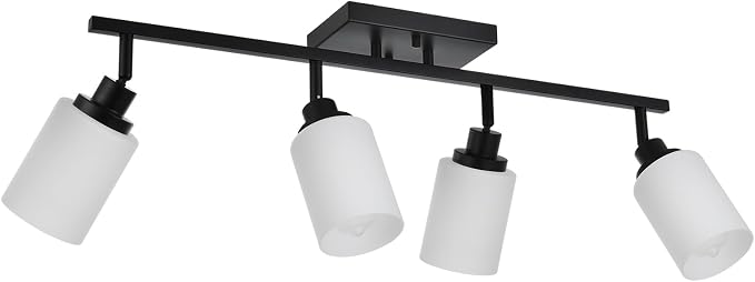 Adjustable Ceiling Spotlight in Black, 4-Lights Kitchen Island Light Fixtures Ceiling Wall Mount, Track Lighting Kit with Opal White Glass Hallway Dining Room