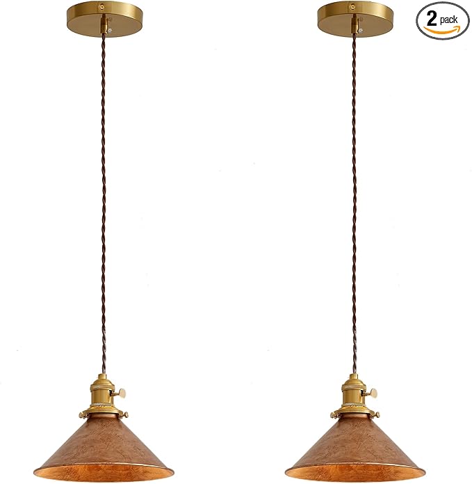 Rusted Copper Kitchen Hanging Lights 8.2 Inch Industrial Lampshade Retro Farmhouse Pendant Light for Bedroom Barn and Bar Foyer Lighting Fixtures 2 Pack