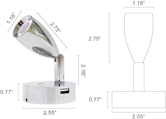 THALASSA RV 12V RV Reading Light with USB Port & Touch Dimmer Switch with Blue Night Light Mode, Polished Chrome Wall Sconce for 10V-30V System of Caravan Motorhome Trailer Camper Van
