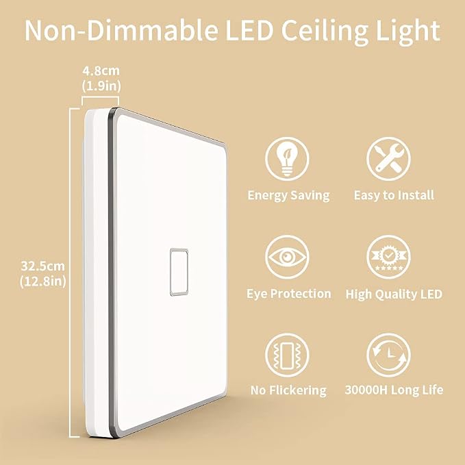 Airand LED Ceiling Light Flush Mount 24W 12.6 inch Square LED Ceiling Lamp with 240Pcs Chips Without Flicker, 2050 Lumens, IP44, 80Ra+, 180W Equivalent (Warm White)