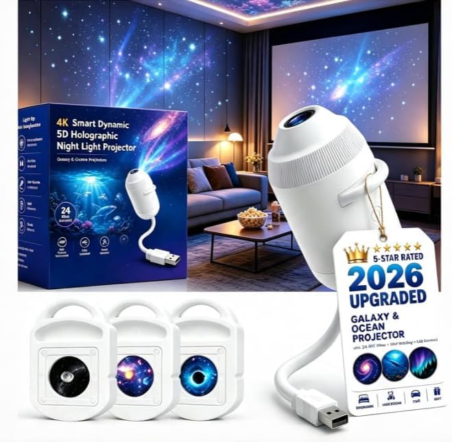 2027 New Hd Smart Dynamic 5D Holographic Night Light Projector, Plug and Play HD Star Projector with 24 Films , 360° Adjustable 2-in-1 Galaxy Projectors Night Light, USB Powered for Bedroom（3 Films）