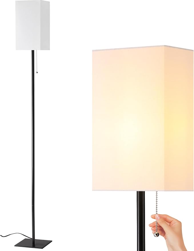 Modern Floor Lamp for Living Room, Tall Black Floor Lamp with Square Linen Shade, Pull Chain Switch and Stable Metal Base, Standing Lamp for Bedroom, Reading Nook and Office, Bulb Included