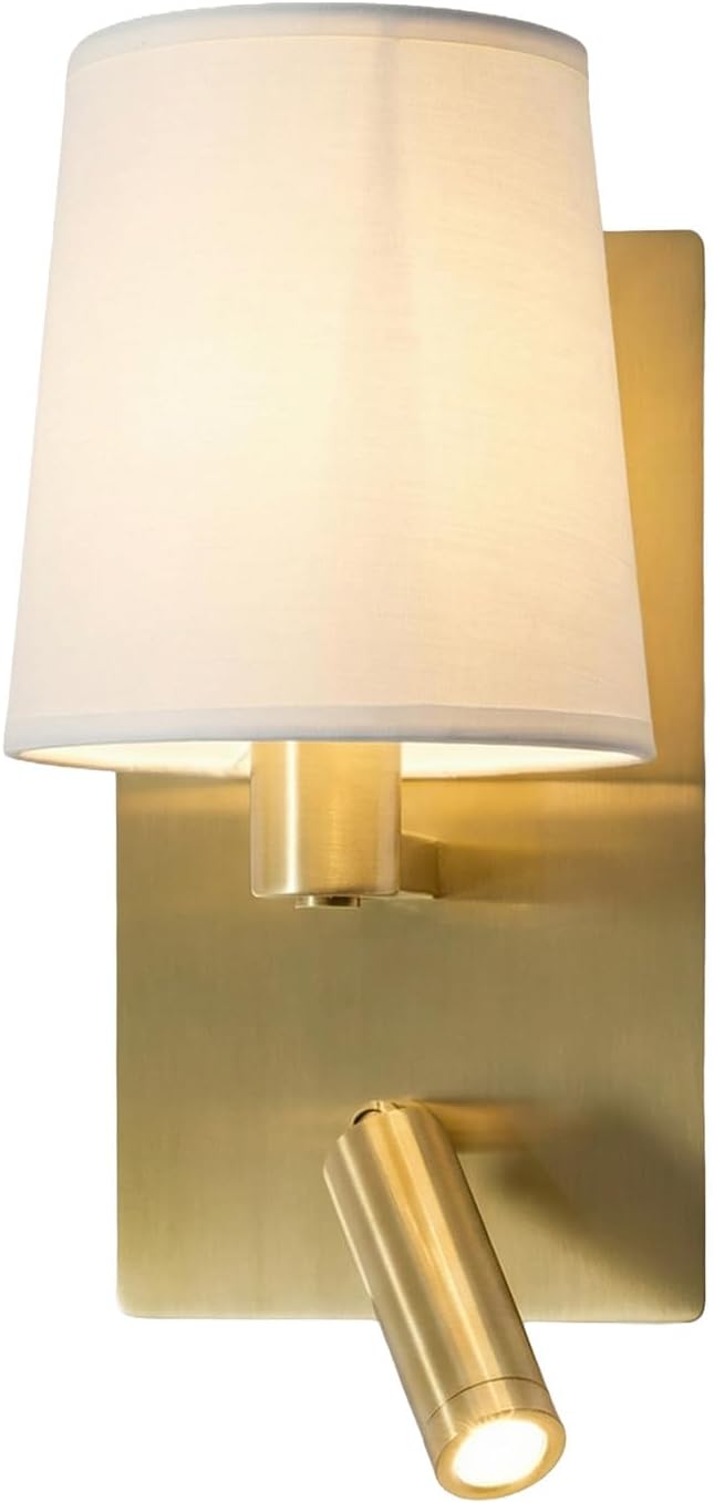 12.1" Wall Sconce with Shade & Reading Light, White Fabric Wall Lamp for Bedroom, Gold Bedside Wall Light with LED Reading Light 3000K 205 lm, Dual Switch, E12 Max 10W Bulb Not Included