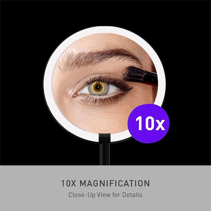 simplehuman Sensor Mirror Fold, 5'' with 10X Magnification, Round Rechargeable Travel Makeup Mirror, Tru-Lux® Full-Spectrum Light, Adjustable Brightness & Height, Matte Black Steel