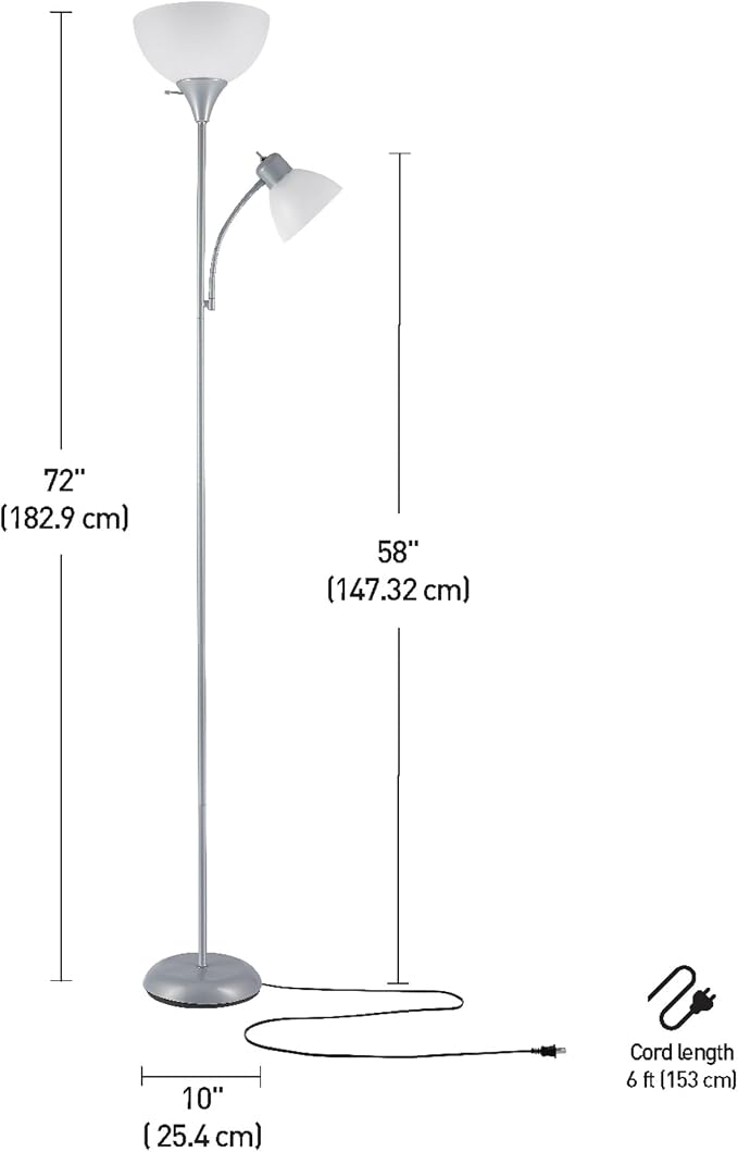 GLOBE Electric 67134 72" Torchiere Floor Lamp and Adjustable Reading Light, Silver, Frosted Shade, Dual Rotary Switch, 3-Step Dimming, Modern Lighting for Living Room or Office, Timeless (Pack of 2)