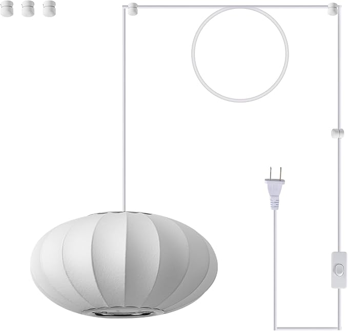 11.8in Plug in Pendant Light Small Lantern, White Imitation Silk | Plug in Hanging Lamp Wabi Sabi Japanese Bubble Lantern Pendant Chandelier for Living Dinning Room Kitchen Island Bedroom 1PK