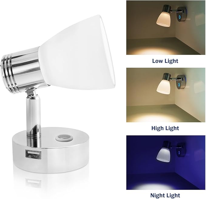 THALASSA 12V Boat Interior Reading Light USB Port, 3W DC RV Warm White, Built-in Dimmer Touch Button for Blue Decor Lights. Surface Mount on Trailer, Van, Truck, Car, Camper, Motorhome, Caravan