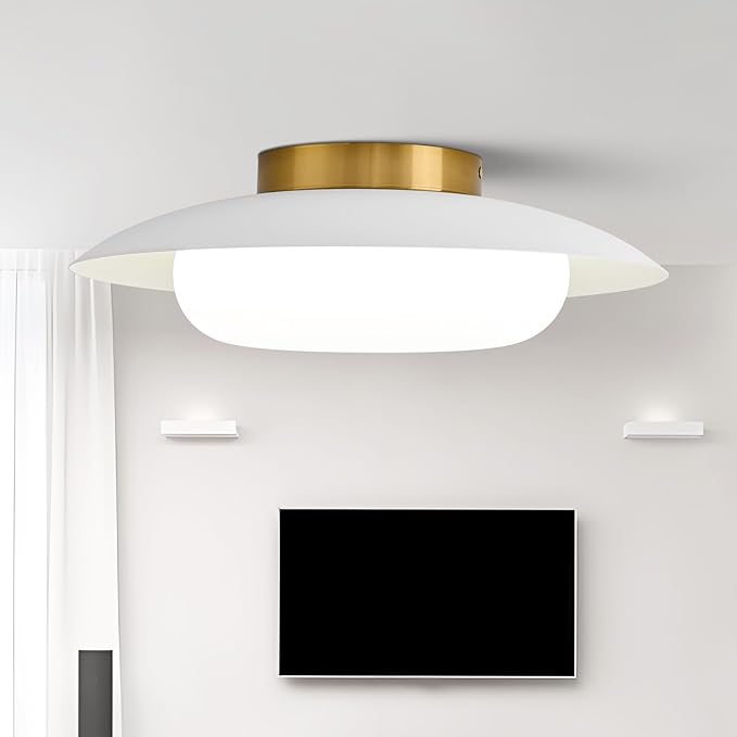 Modern LED Semi Flush Mount Ceiling Light Fixture,Round Matte White and Gold Close to Ceiling Lamp Flushmount Lighting Fixtures for Kitchen Master Bedroom Living Room Entryway,5000K,15.74 inch