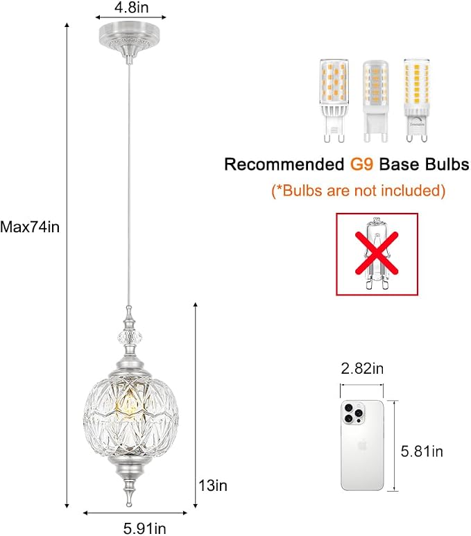 Brushed Nickel Pendant Lights Kitchen Island 2 Pack, Vintage Bathroom Pendant Light with Detachable Glass Shade, Adjustable Hanging Light for Kitchen Island Lighting, Farmhouse, G9 Base
