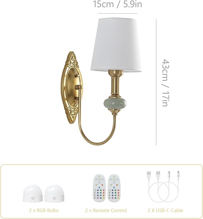 Vintage Battery Operated Wall Sconce Set of 2, Gold LED RGB 15 Color | Dimmable Wireless Wall Sconces with Remote Control, Antique Fabric Rechargeable Wall Lights for Bedroom Living Room Hallway