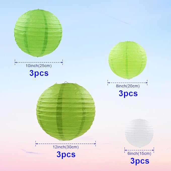 Green Paper Lanterns 12 Pcs Assorted Size of 6" 8" 10" 12" Chinese Round Paper Hanging Decorations Ball Lanterns Lamps for Home Decorations, Parties, and Weddings