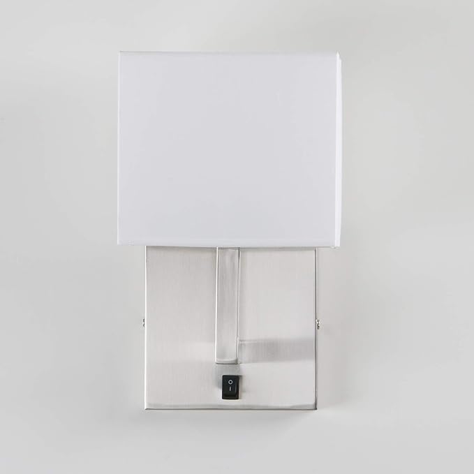 PERMO Single Fabric Wall Sconce Brushed Nickel Finished Sconces with White Textile Shades and On/Off Switch Button Modern Nightstand Lamps for Bedrooms Bedside Reading