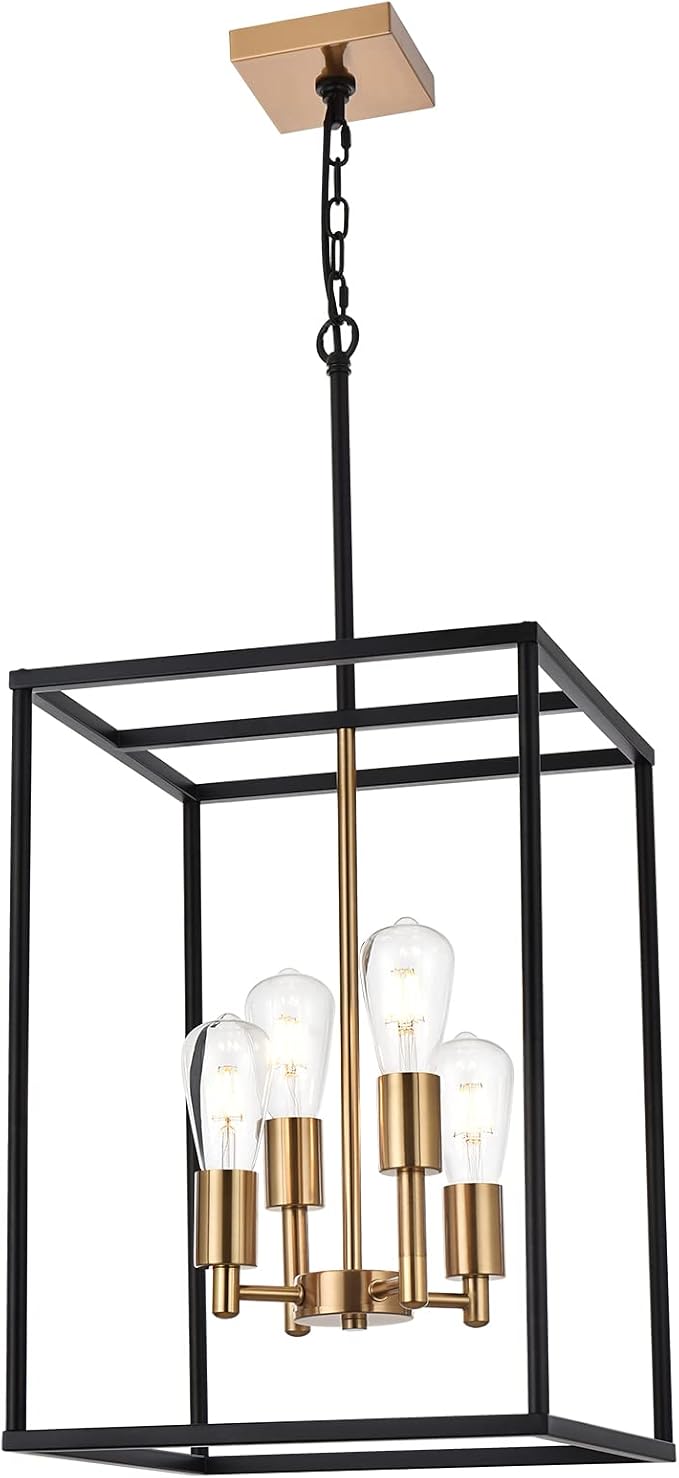 Retro 4 Light Large Farmhouse Chandelier Rustic Dining Room Lighting Fixtures Hanging in Black and Brushed Brass Finish Metal Square Cage Pendant Lighting for Kitchen Island
