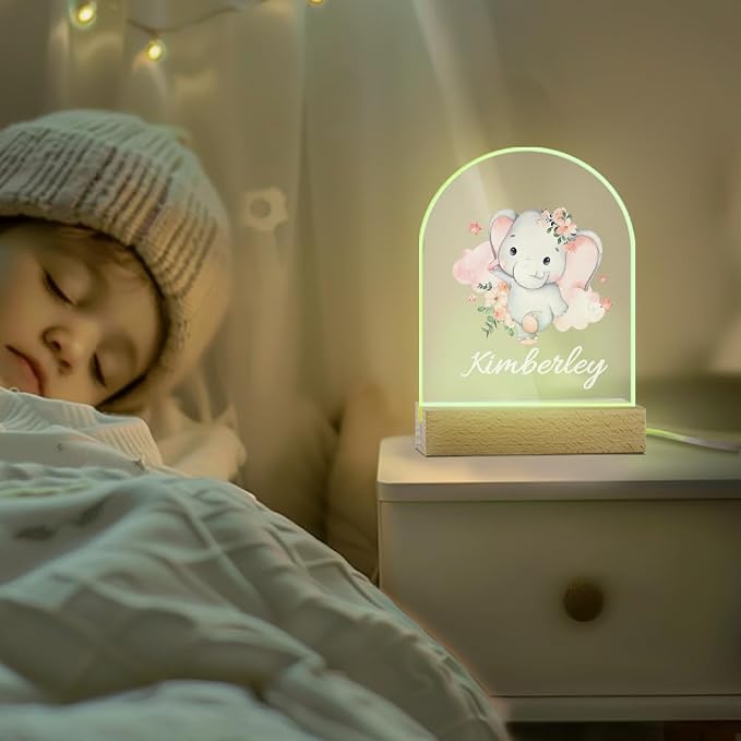 Personalized LED Night Light Elephant Design Custom Name Acrylic Light with Wood Base Gifts for Kids