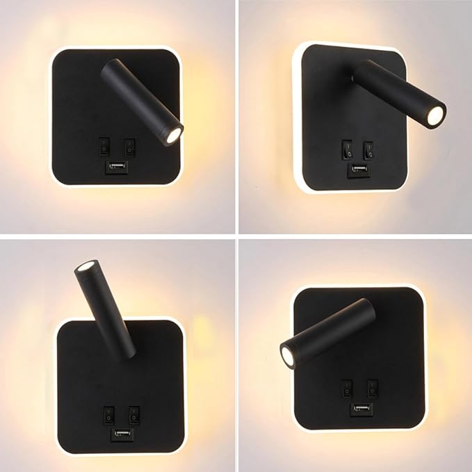 USB Charging Port Wall Wash Light Black Bed LED with Interior Wall Adjustable Spotlight Reading lamp Wall lamp Bedroom Indoor Bedside Lamp 3000K (3W + 10W)