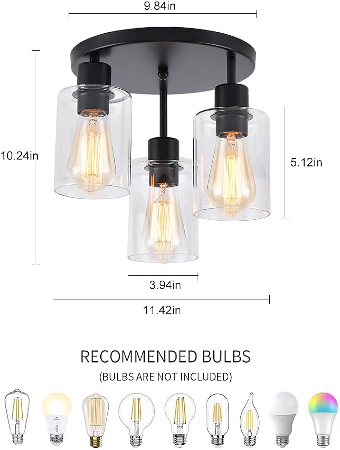 3-Light Industrial Farmhouse Black Matte Light Fixtures Ceiling Mount, with Clear Glass Shades Semi Flush Mount Ceiling Light, for Hallway Fixtures Kitchen, Foyer